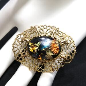 Vintage Lucite Filigree Brooch, Gold Foil, 1960s Jewelry